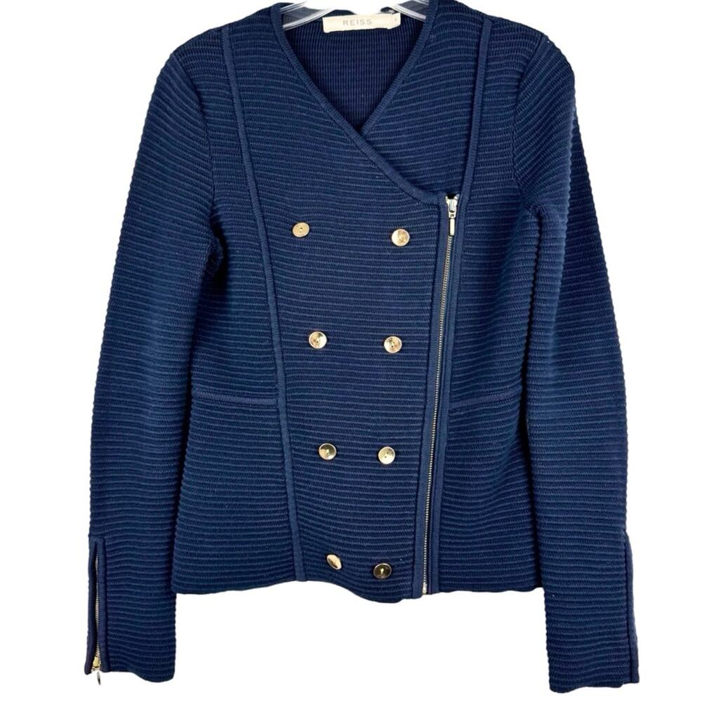 REISS Ribbed Textured Asymmetric‎ Zip Front Sweater Jacket Navy S Preppy Minimal